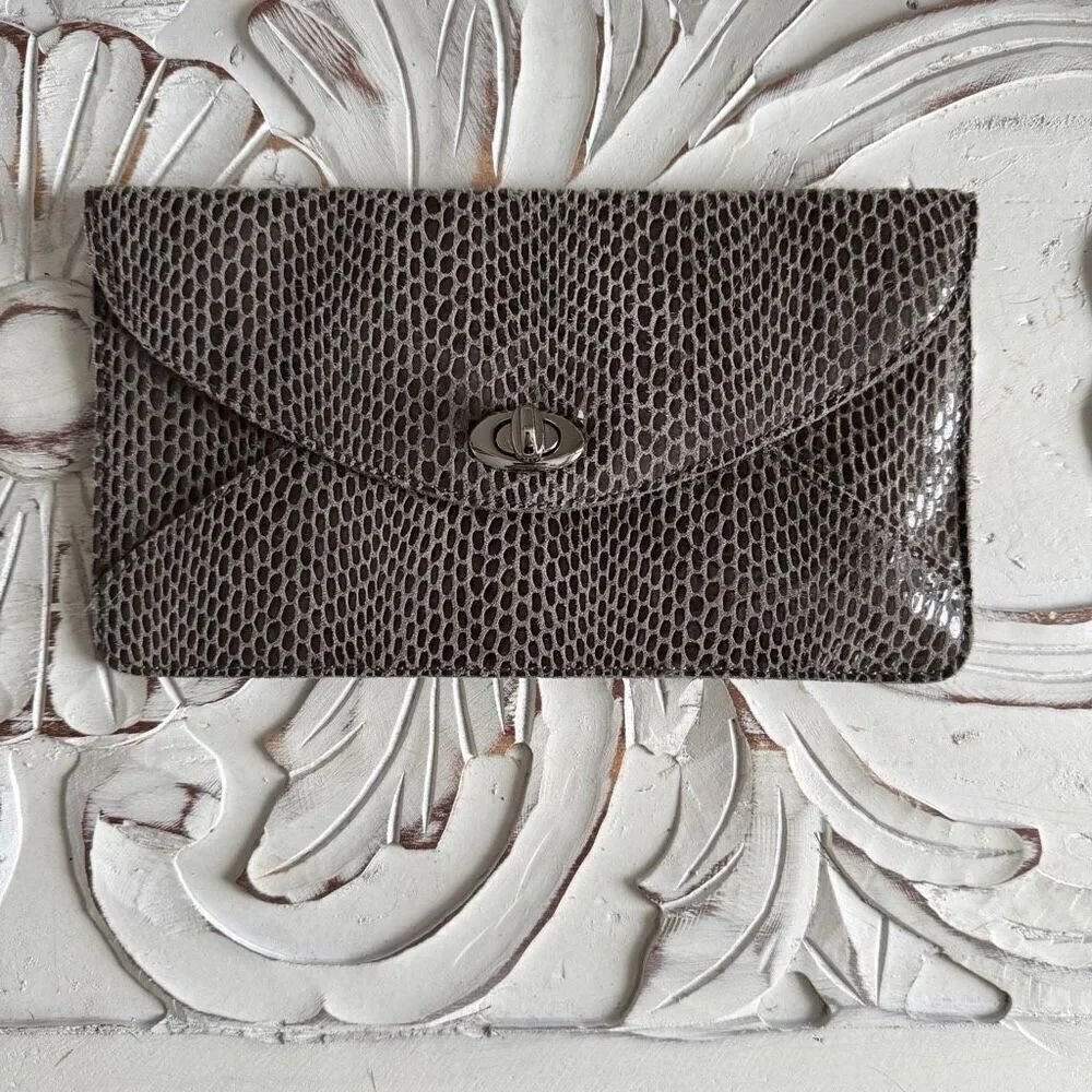 Sorial Rubina Coco snakeskin embossed leather slim clutch in a gray tan color